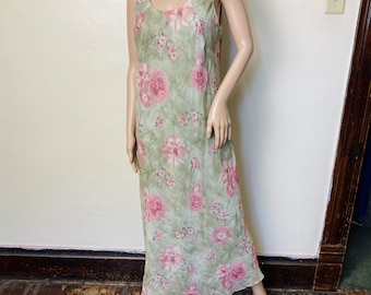 Sage Green Floral Crinkle Vintage 90s Bias Cut Maxi Dress