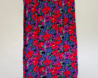 Bright Poppy and Purple Primrose Vintage 80s Soft Rayon Skirt