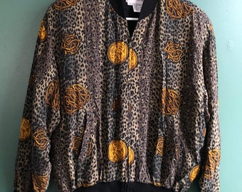 Vintage 80s Pure Silk Leopard Print Bomber Jacket