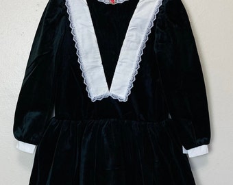 Black Velvet White Collared Vintage 80s Drop Waist Mini Dress 5