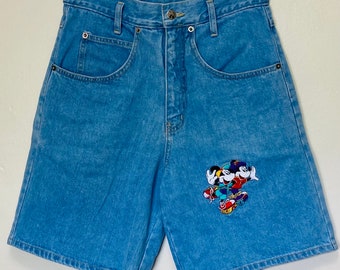 Mickey Mouse 1990s Embroidered Roller Skating Mickey and Minnie Baggy Jean Shorts