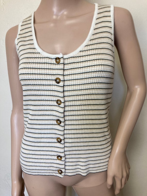 Ribbed Knit 90s Vintage Soft Button Detail Tank T… - image 3