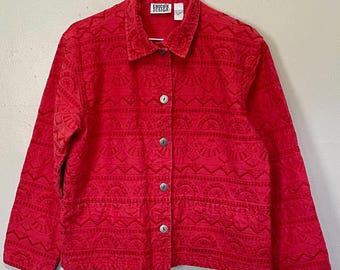 Chaqueta vintage de los 90 de algodón rojo tomate con cuello, bordada, talla M L