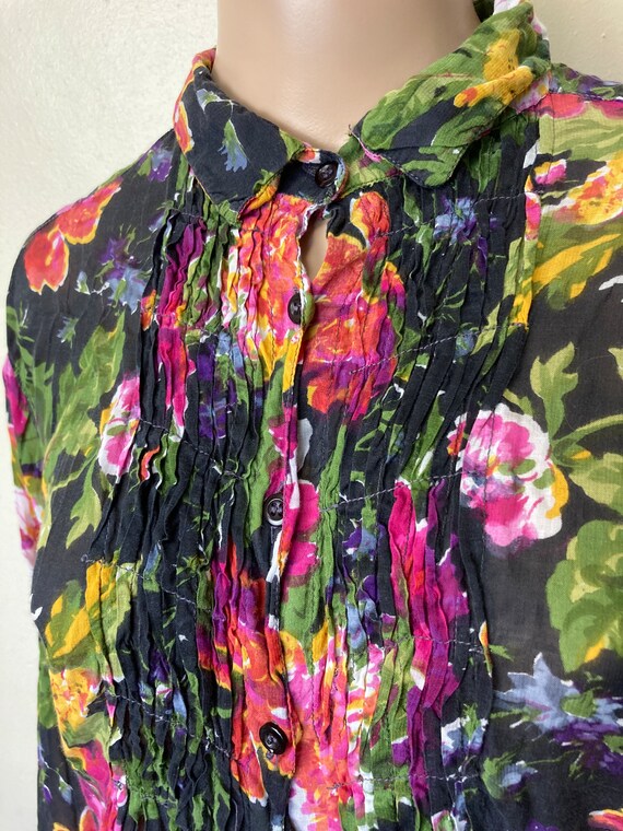 Floral Gauze Vintage 90s Boxy Collared Top - image 2