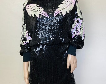 Pure Silk Sequin Vintage 80s Beaded Batwing Mini Dress