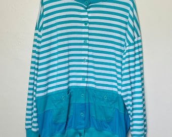 Plus Size Vintage 80s Mint Green Striped Button Down Long Sleeve Top