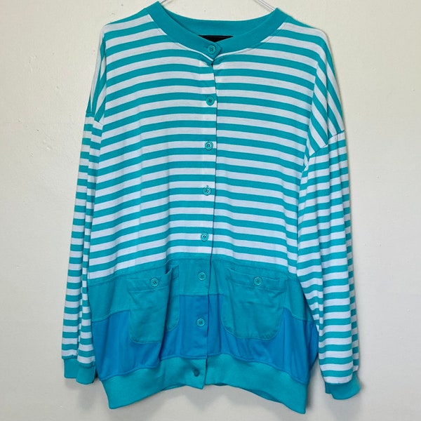 Plus Size Vintage 80s Mint Green Striped Button Down Long Sleeve Top