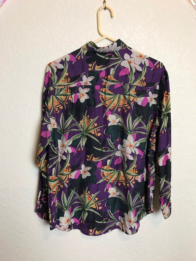 Vintage 1980s Jewel Tone Floral Silk Button Down Blouse