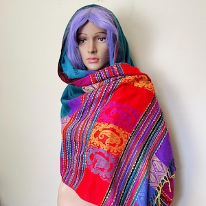Pashmina Wolle Vintage Oversize Regenbogen und Petrol gemusterter Schal Schal