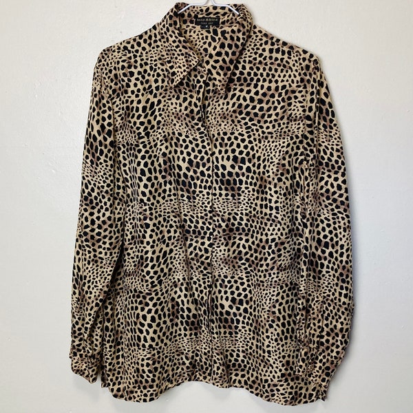 Pure Silk Leopard Print Vintage 80s Button Down Collared Blouse