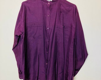 1980s Plum Silk Vintage Minimalist Button Down Blouse