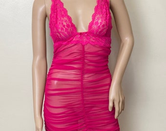 Hot Pink Sheer Mesh Ruched Y2k Mini Dress