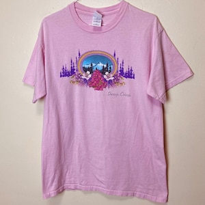 Może przedstawiać: Jasnoróżowy t-shirt z nadrukiem graficznym przedstawiającym górską scenerię z fioletowymi drzewami i kwiatami. Tekst "Durango, Colorado" jest nadrukowany pod grafiką.