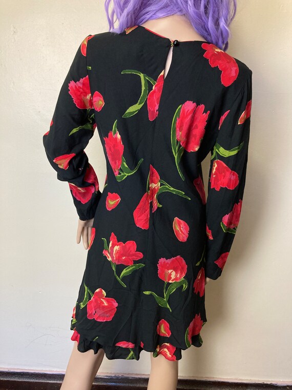 Red Tulips 90s Bias Cut Vintage Floral Dress - image 6