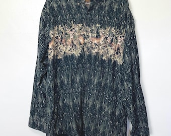 90er Jahre Vintage Jagdhemd mit Camo und Hirsch-Motiv und Kragen