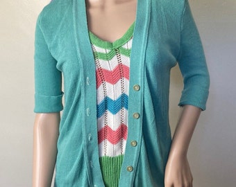 Chevron Knit Vintage 60s Seafoam Green Cardigan with Attached Undershirt S M