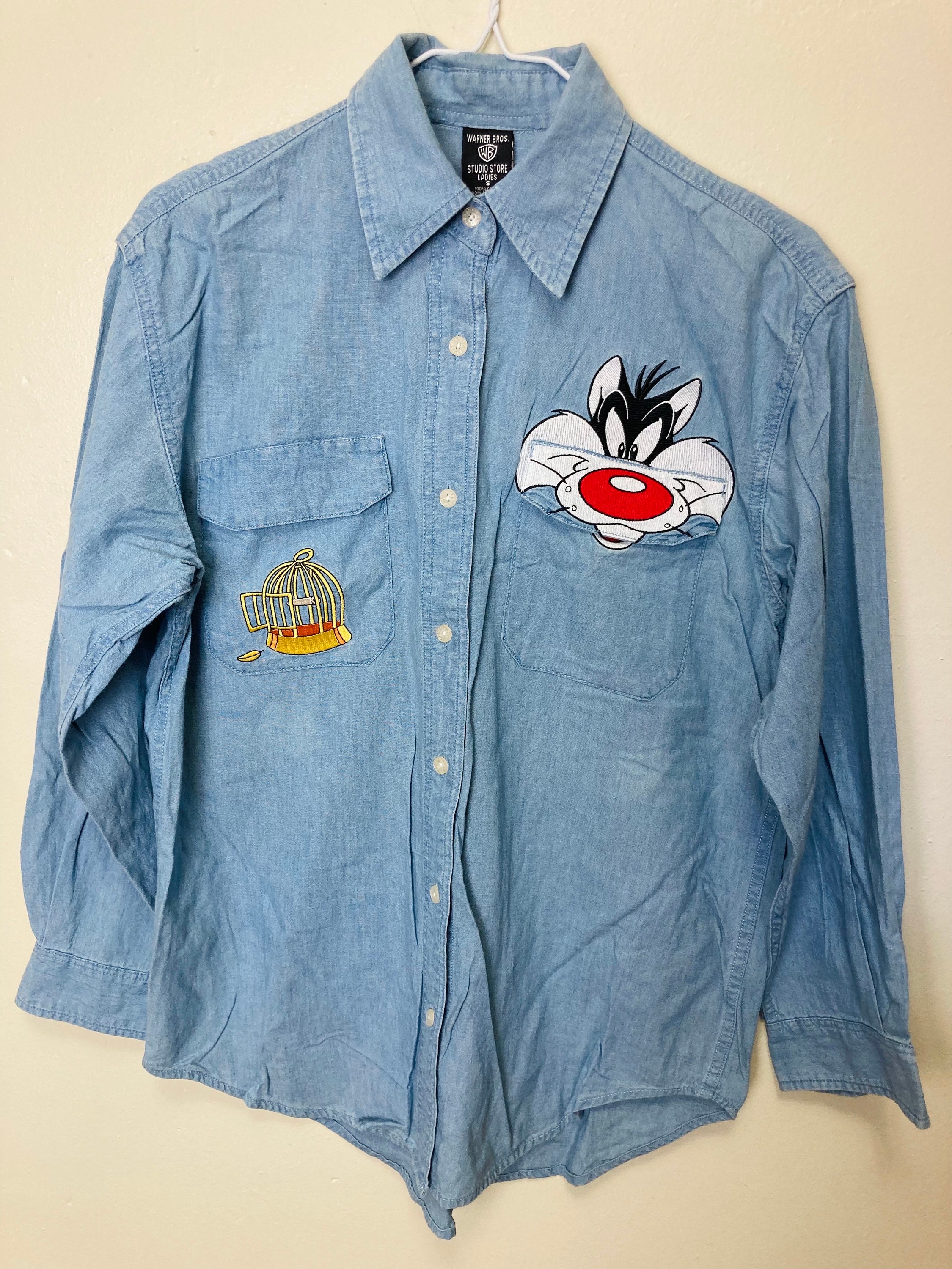 D&G Tweety Sylvester 半袖ポロシャツ Tweety and Sylvester Vintage 90s Looney Tunes Denim Pocket