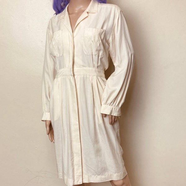 Cream Silk Vintage 80s Minimalist Shirtdress