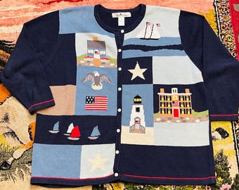 Cárdigan de punto vintage de los años 90 con diseño de faro de Nueva Inglaterra de Coastal Grandma, talla grande