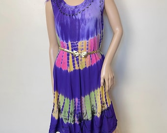 Purple and Pink Dyed Embroidered Vintage 90s Soft Rayon Boho Dress