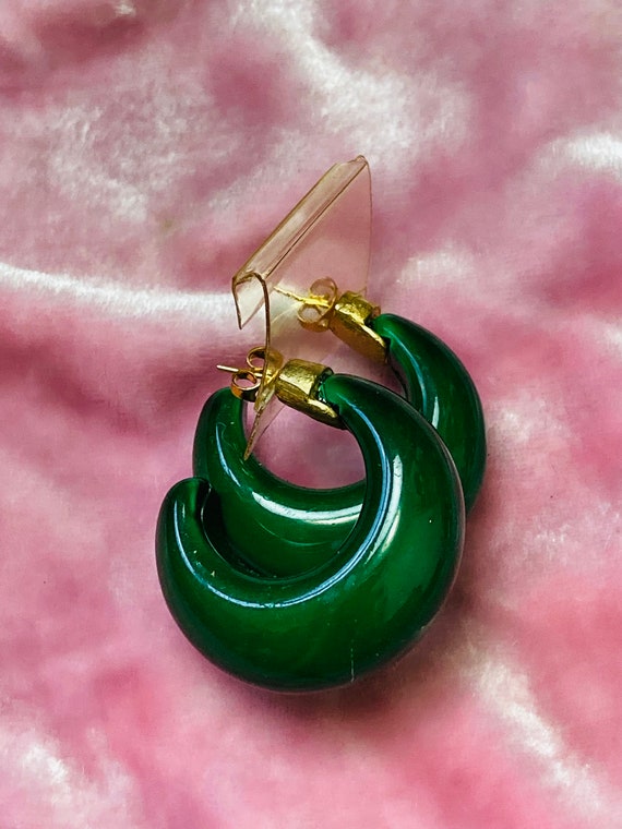 Chunky Emerald Green Vintage 70s Deadstock Hoop E… - image 5