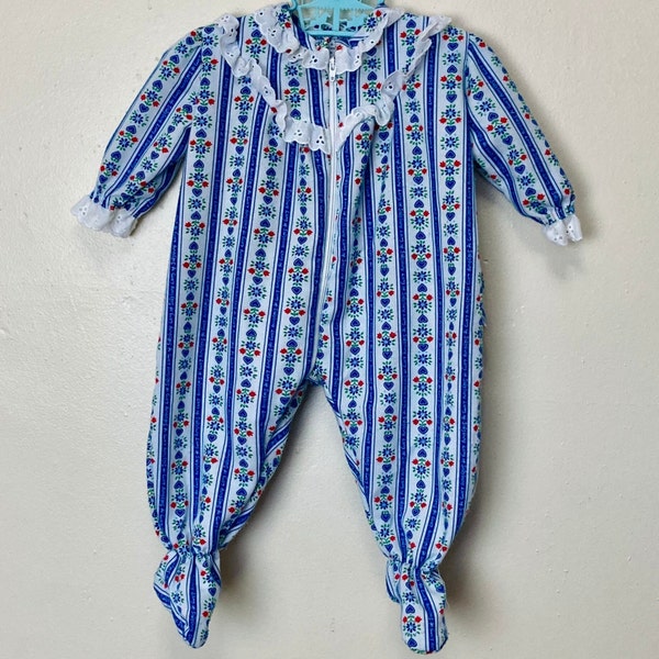 Lanz of Salzburg Vintage 80s Baby Girls Ruffle Butt Footie Jumpsuit