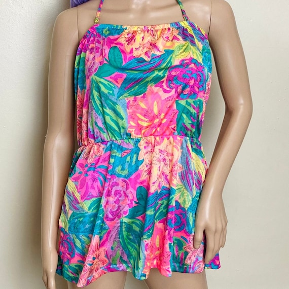 Neon 80s Abstract Floral Mini Dress Swimsuit with… - image 1