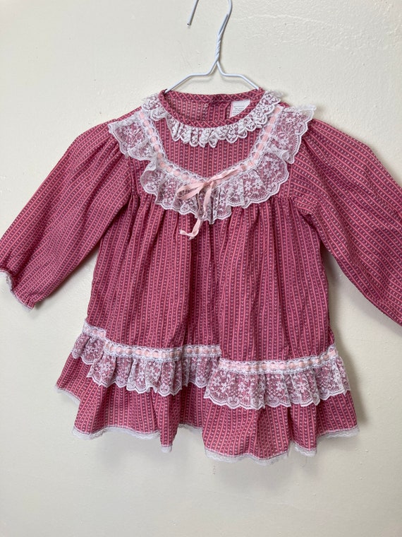 Lacy Collared Pink Calico Vintage 70s Girls Ruffl… - image 6