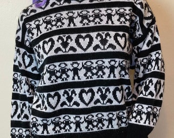 Novelty Knit Vintage People and Hearts Black and White Sweater