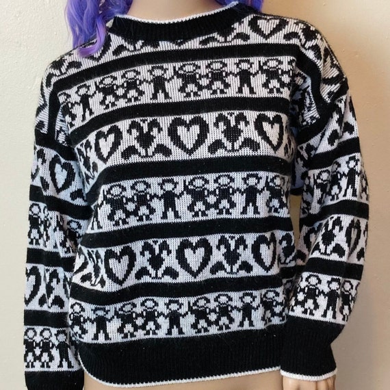 Novelty Knit Vintage People and Hearts Black and … - image 1