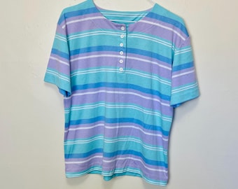 Vintage 80s Pastel Striped Allover Print Jantzen Tee L