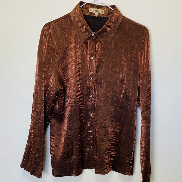 Bronze Metallic Vintage 90s Semi Sheer Collared Top with Rhinestone Buttons