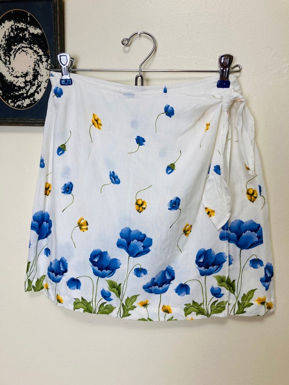 Y2K Vintage 1990s Blue Poppies Print Mini Skirt - image 3