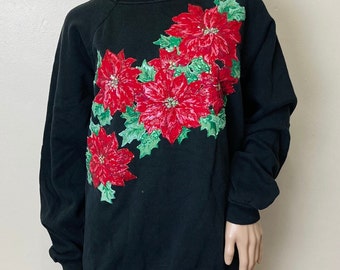 Poinsettia Appliqué Vintage 80s Glittery Crewneck Sweatshirt