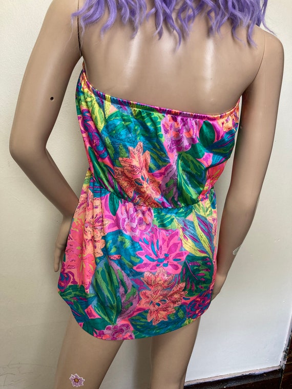 Neon 80s Abstract Floral Mini Dress Swimsuit with… - image 9