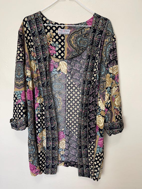 Patchwork Print 90s Open Front Botanical Blouse - image 7