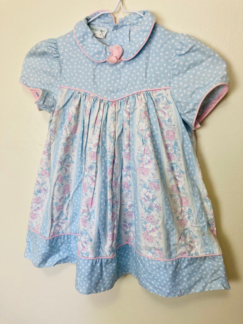 Pastel Peter Pan Collared Vintage Toddler Girls Puff Sleeve Dress image 9