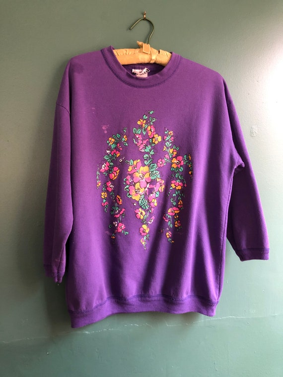 Vintage 80s Botanical Oversize Purple Sweatshirt - image 7