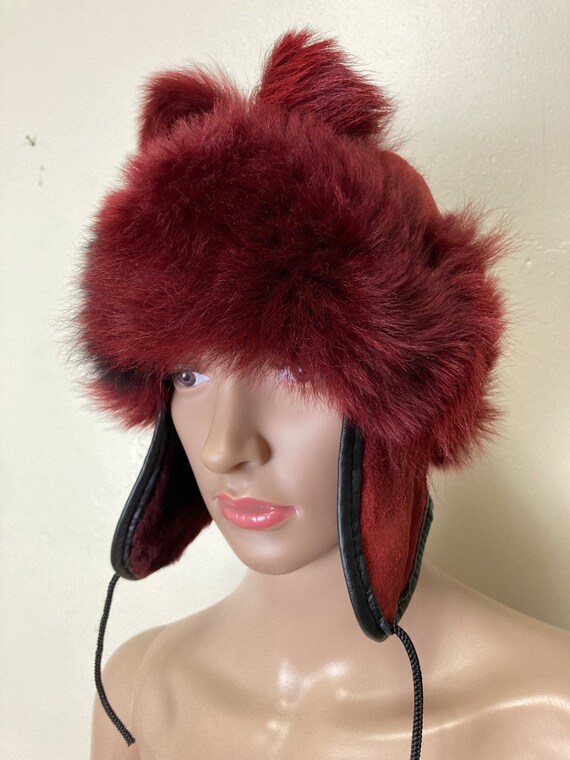 Red and Black Rabbit Fur Vintage 80s Puffball Winter Hat - Etsy display picture 3