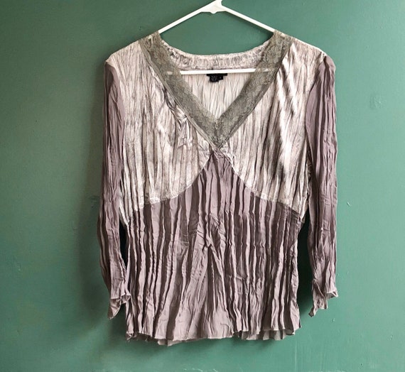Vintage Y2K Silver Velvet Plisse Pleated Top