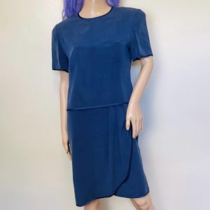 Pure Silk Dusty Blue Minimalist Vintage 90s Midi Dress