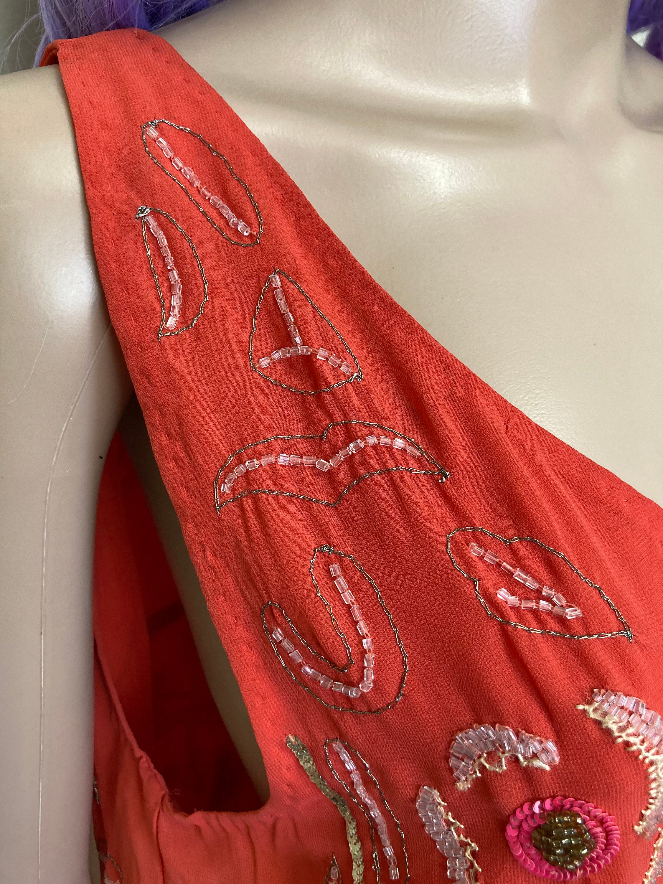 Free People Beaded Mini Dress: Coral Orange Sequin Embellished