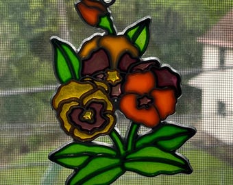 Vintage 80s Pretty Pansies Suncatcher Metal and Resin Window Decor