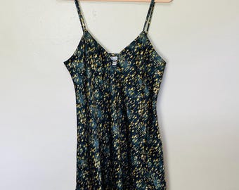 Vintage 90s Black and Gold Abstract Print Satin Lingerie Nightie Slip Dress L