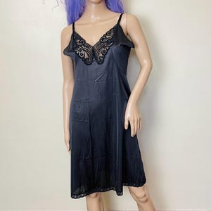 Black Lace and Nylon Vintage 70s Lingerie Slip Dress