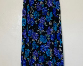 Blue and Purple Floral Midnight Garden Vintage 90s Soft Midi Skirt