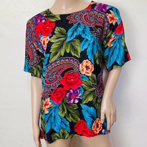 Jewel Tone Floral and Paisley Print Vintage 80s Tee