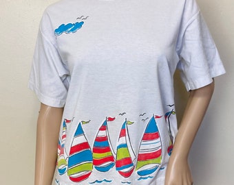 Sailboat Print Vintage 90s Scoopneck Tee