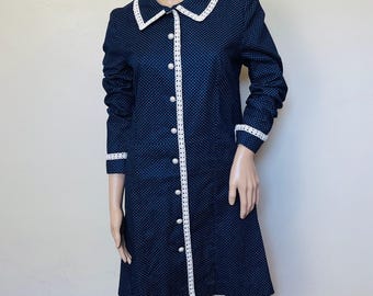 Blue and White Swiss Dot Vintage 1960s Button Down Shirtdress