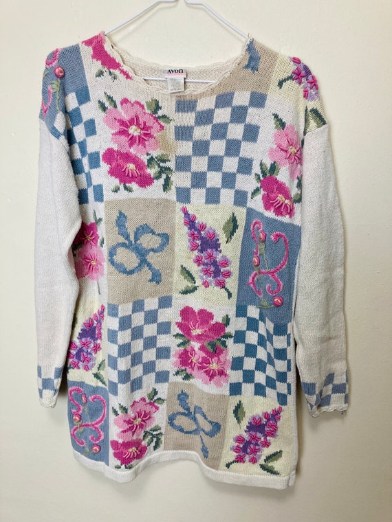 Flowers Checkers and Bows Vintage 90s Chunky Pull… - image 3
